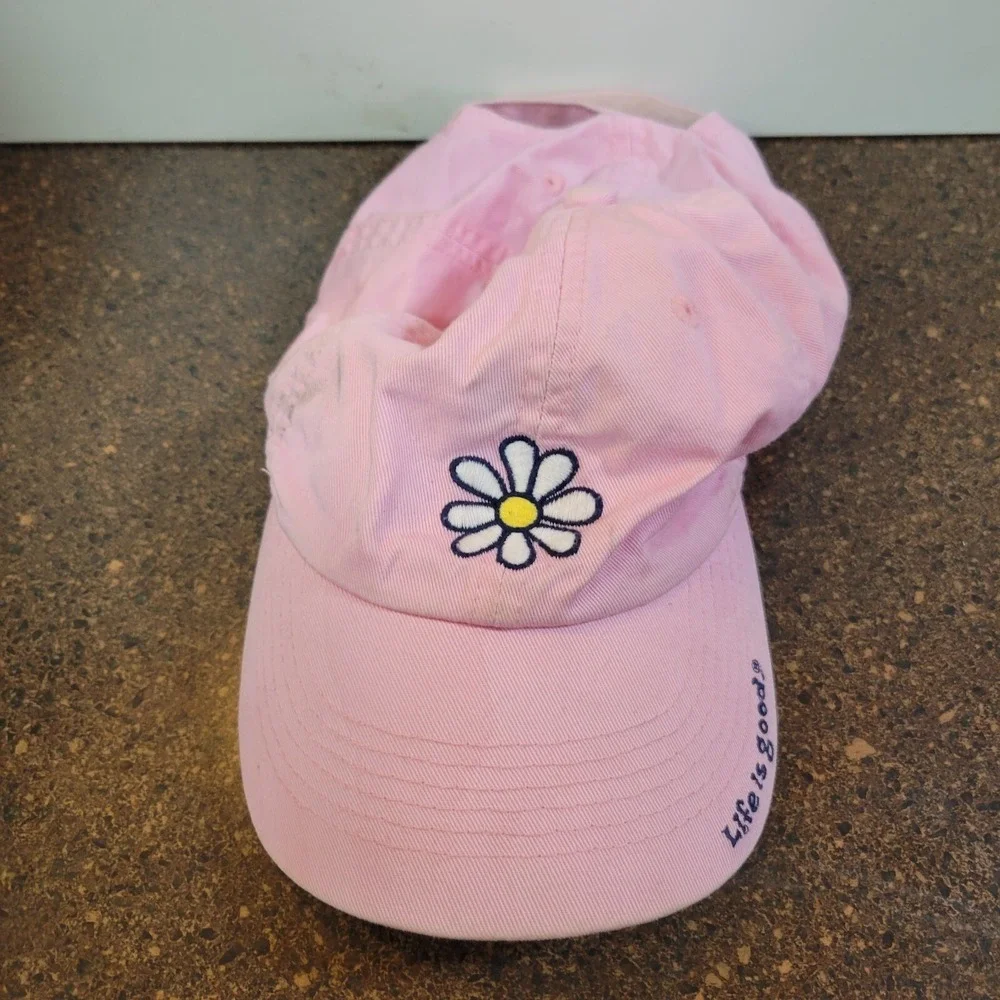 Life is Good Baseball Cap Girls Pink Embroidered Daisy Adjustable Strapback Hat